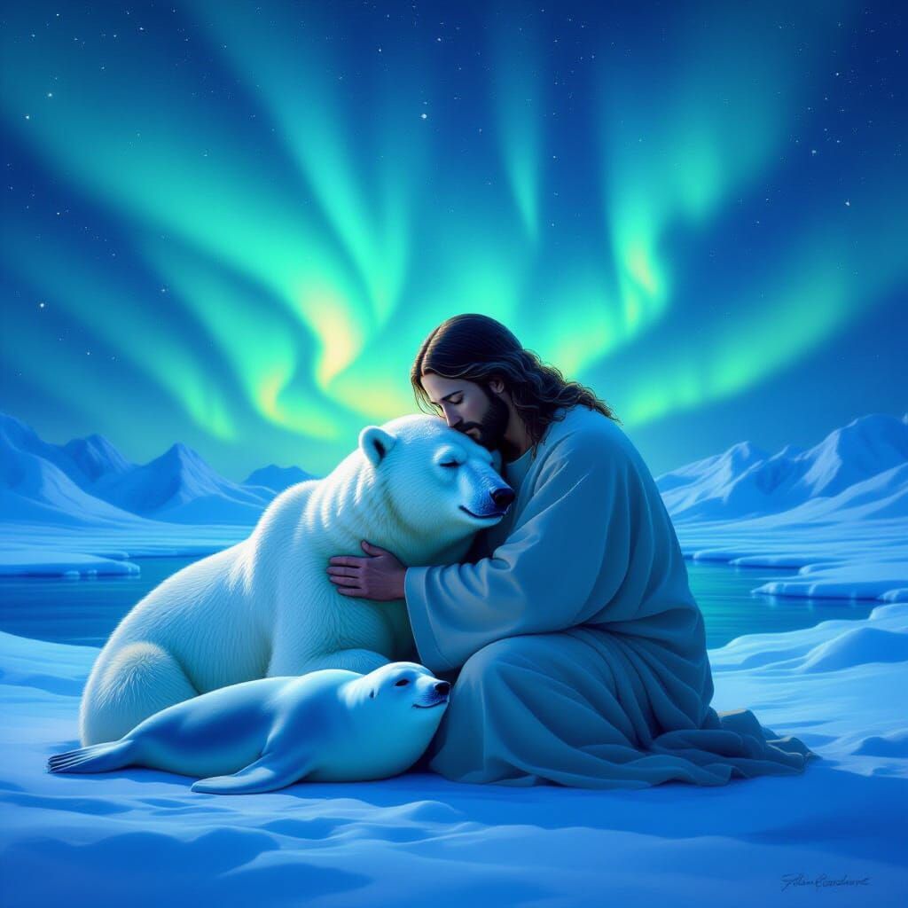 Jesus Christ Embraces Arctic Wildlife Under Aurora Borealis