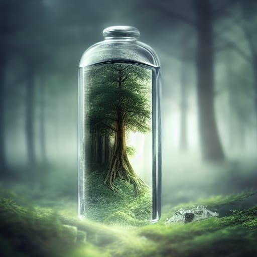 Misty Forest in a Bottle: Digital Illustration