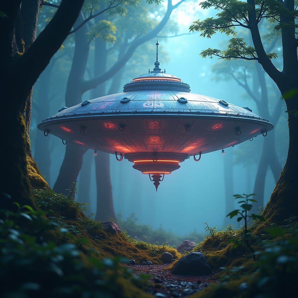 Iridescent UFO Over Mystical Forest in Concept Art Style