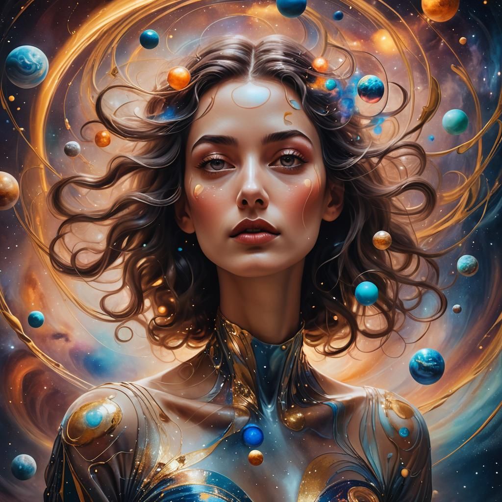 Celestial Woman Surrounded by Planets and Galaxies