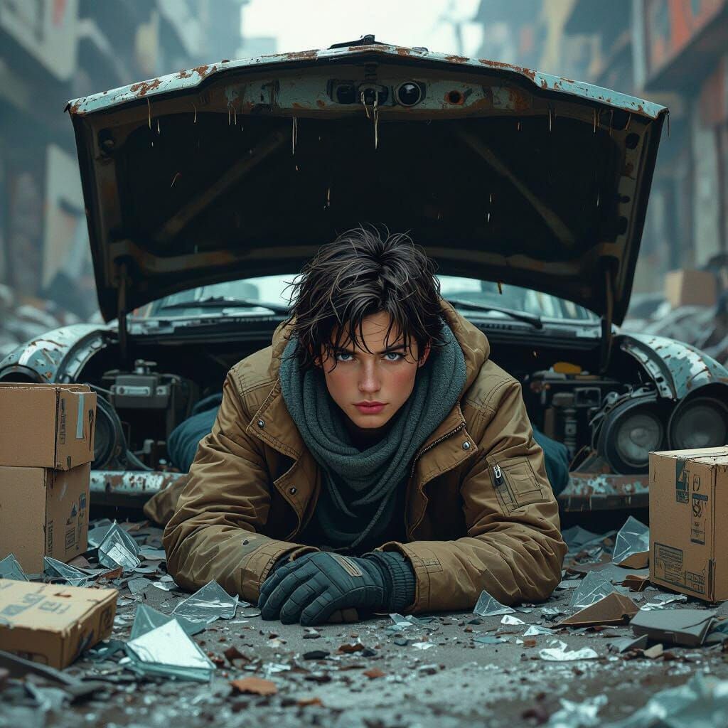 Post-Apocalyptic Traveler Sleeps Under Car Hood