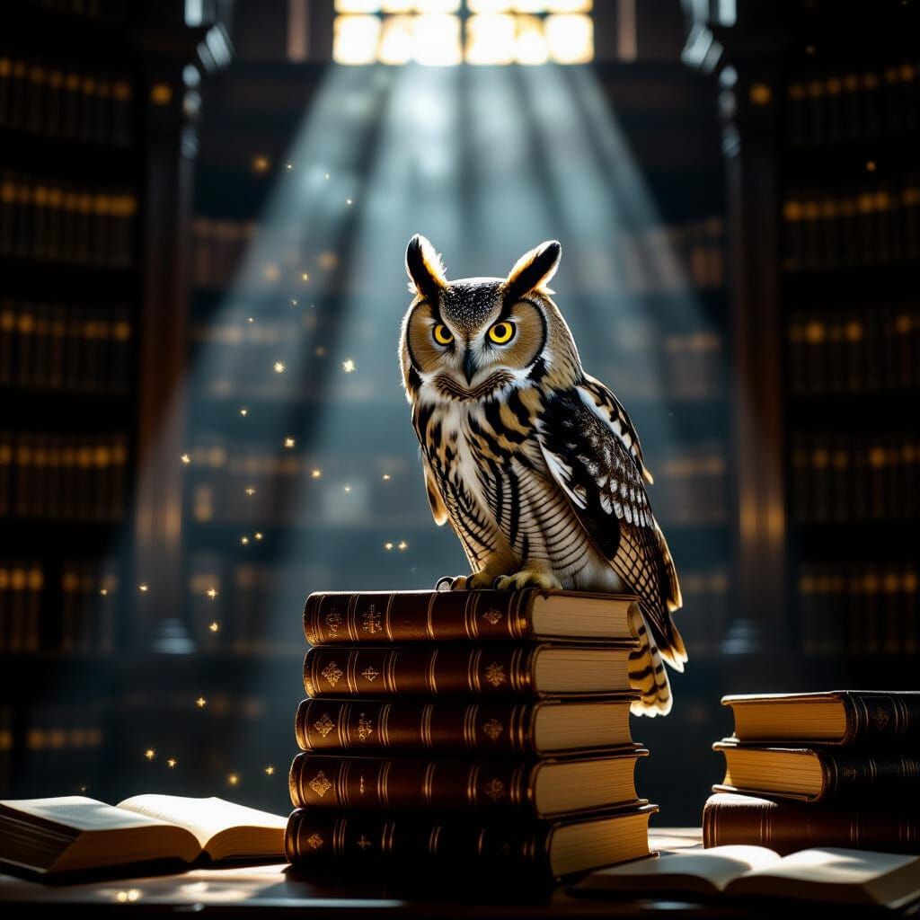 Wise Owl on Books in Dim Library