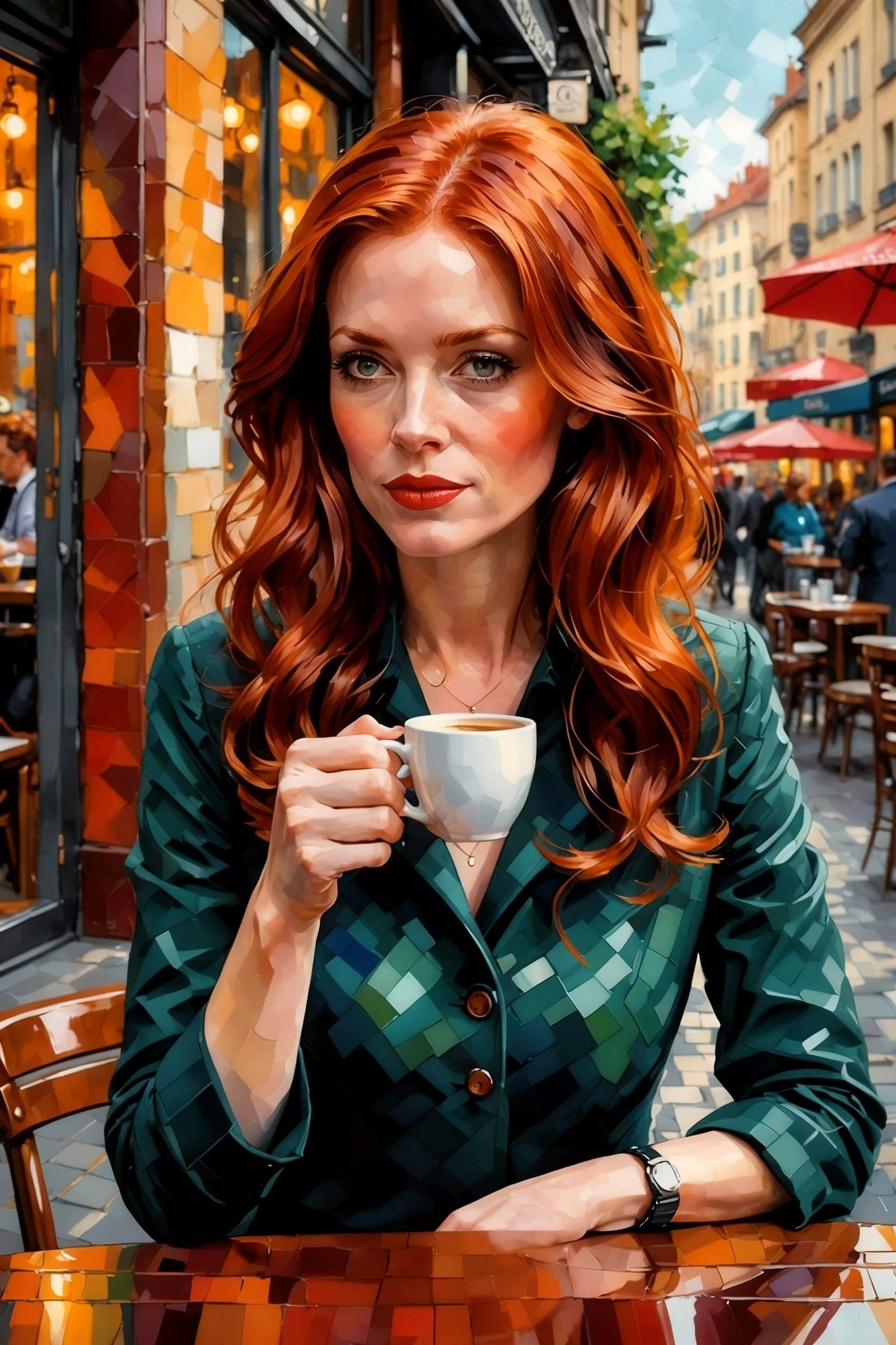 Impressionist Redhead Enjoys Coffee at Vibrant Street Cafe