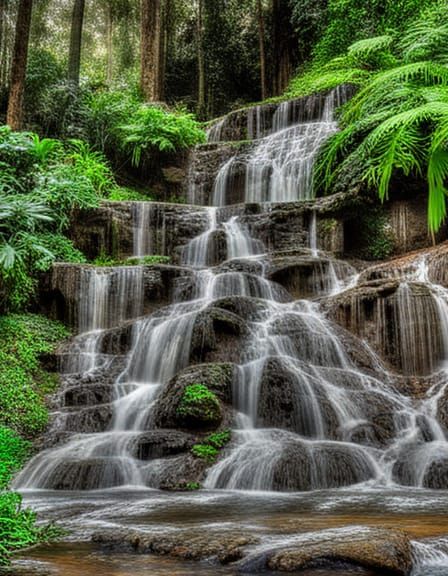 Lush Rainforest Ruins with Waterfall in HDR
