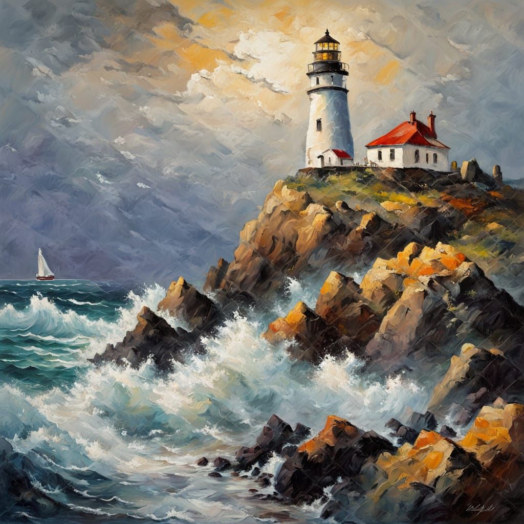 Coastal Lighthouse Scene in Impasto Oil Painting Style
