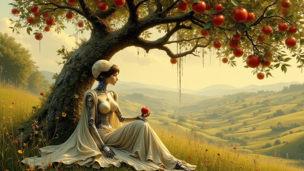 Cybernetic Woman with Apple in Art Nouveau Style