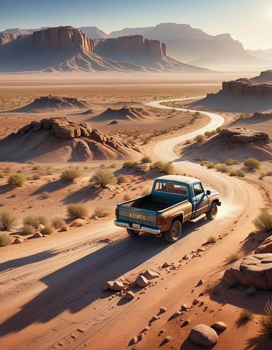 Desert Road with Vintage Truck in Digital Art