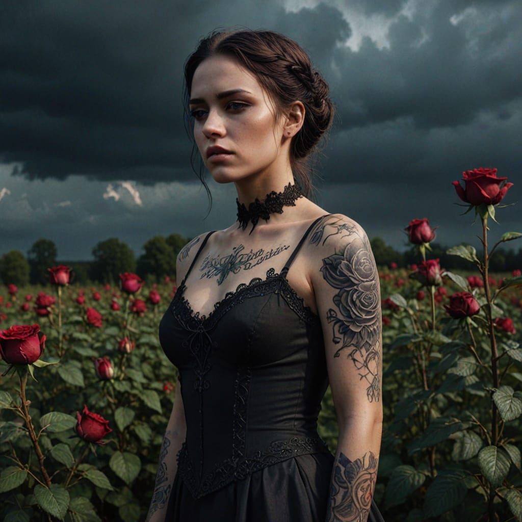 Ethereal Woman With Dark Tattoos In Wilting Rose Field