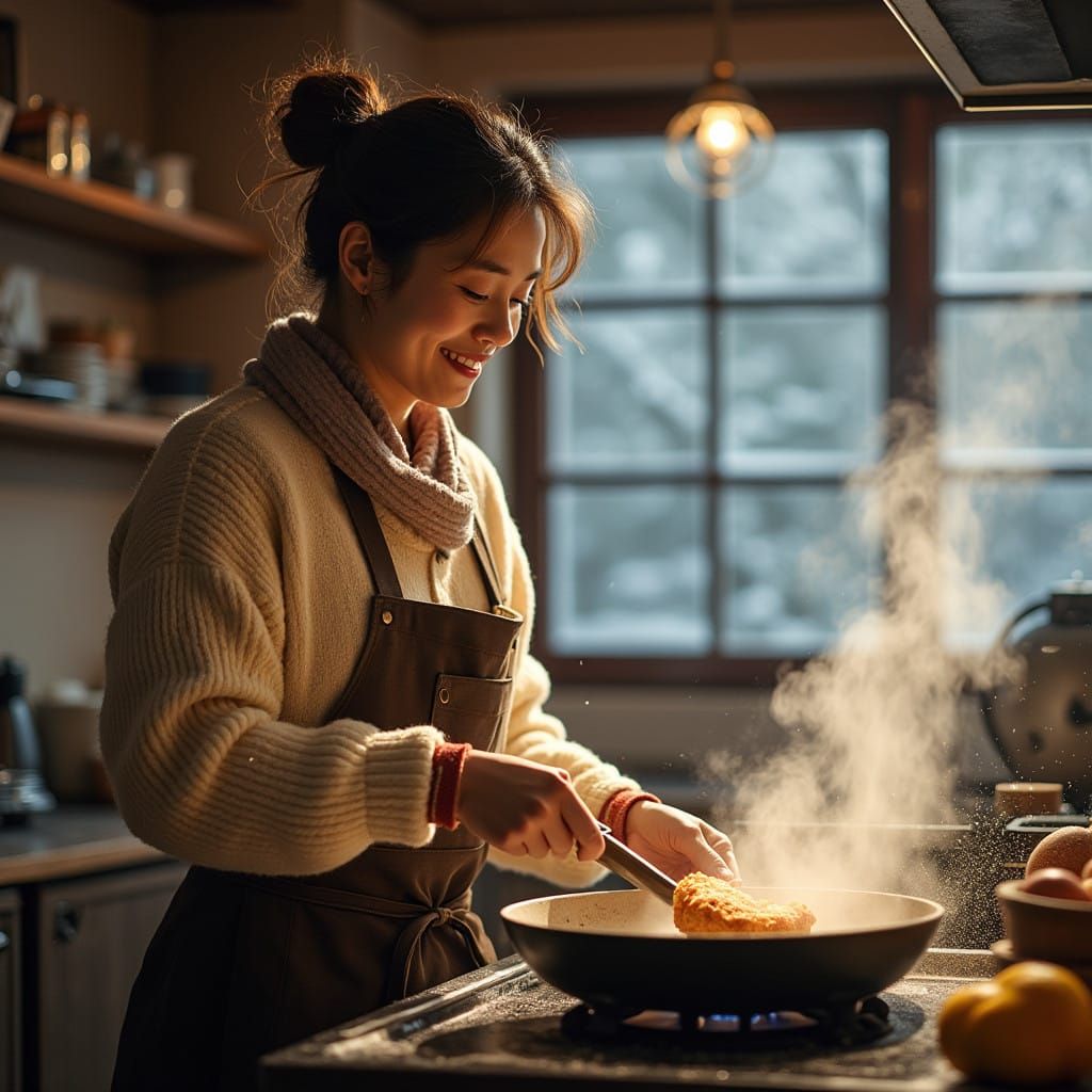 Serene Japanese Woman Cooks Winter Tonkatsu