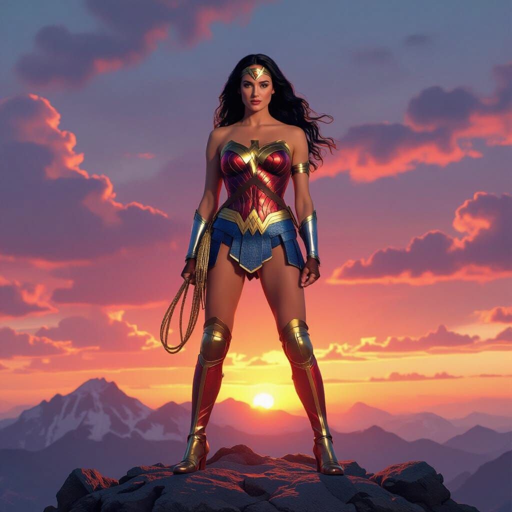 Katy Perry as Wonder Woman on Mountaintop at Sunset