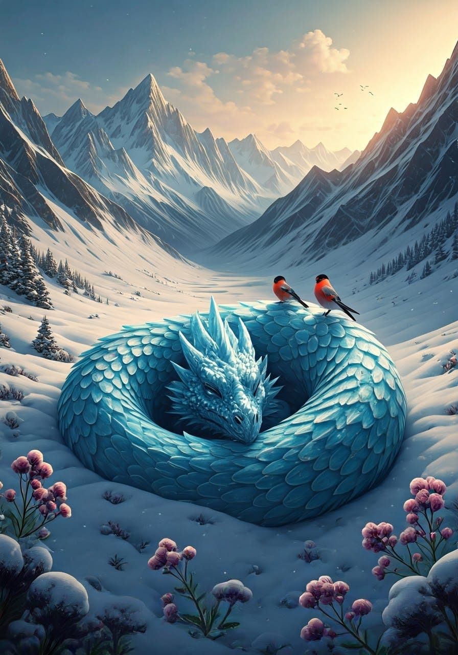 Ice Dragon Slumbering in Winter Valley