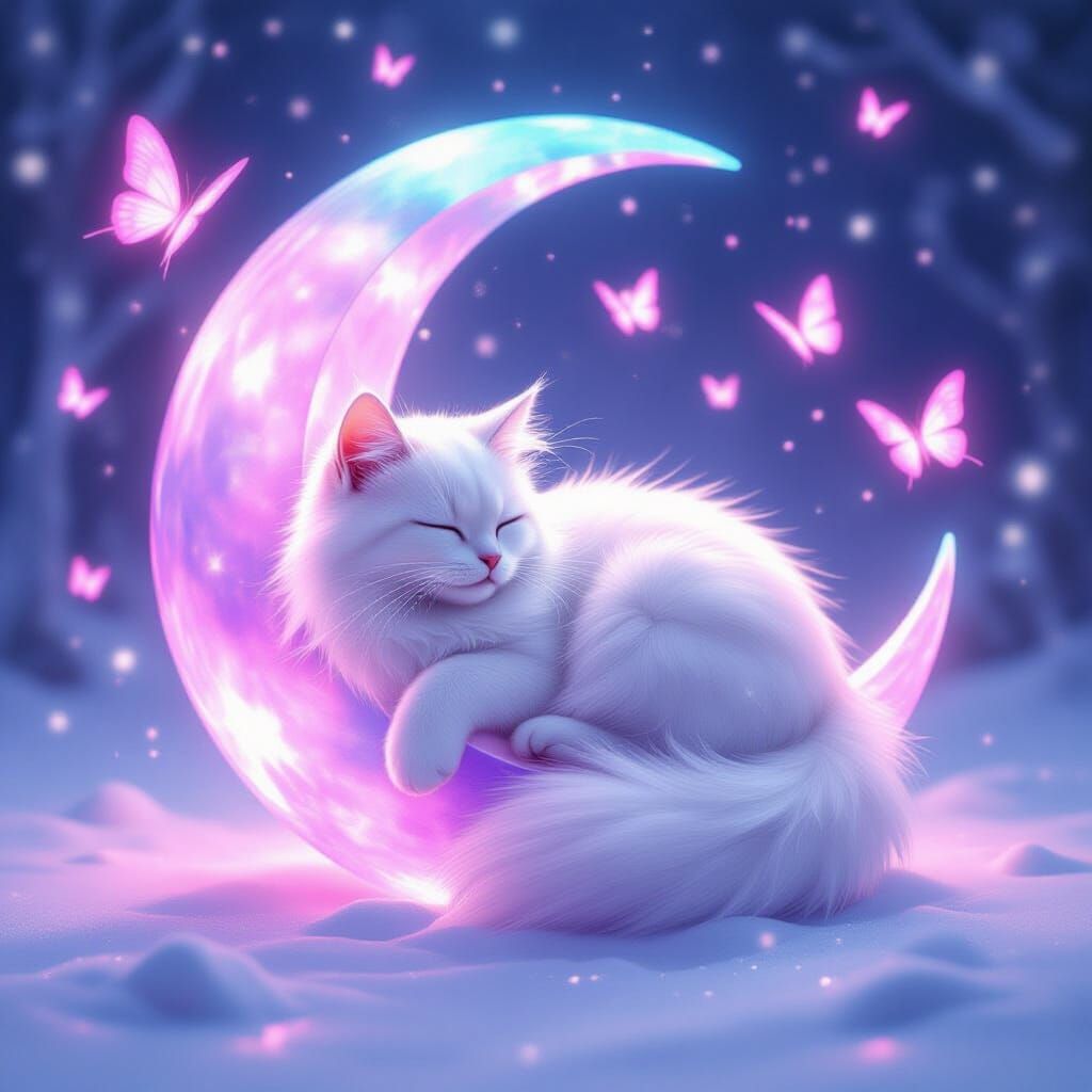 Glowing Cat on Luminous Moon with Falling Snow