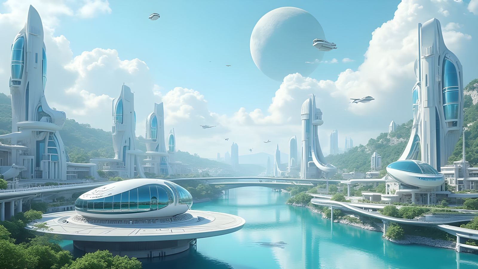 White Steampunk Cityscape with Blue Pipes and Floating Vehic...