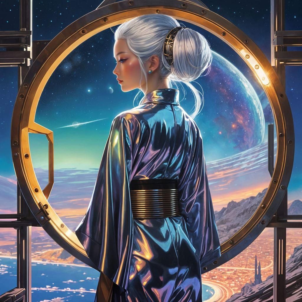 Goddess Gazing at Galaxy in Art Nouveau Style