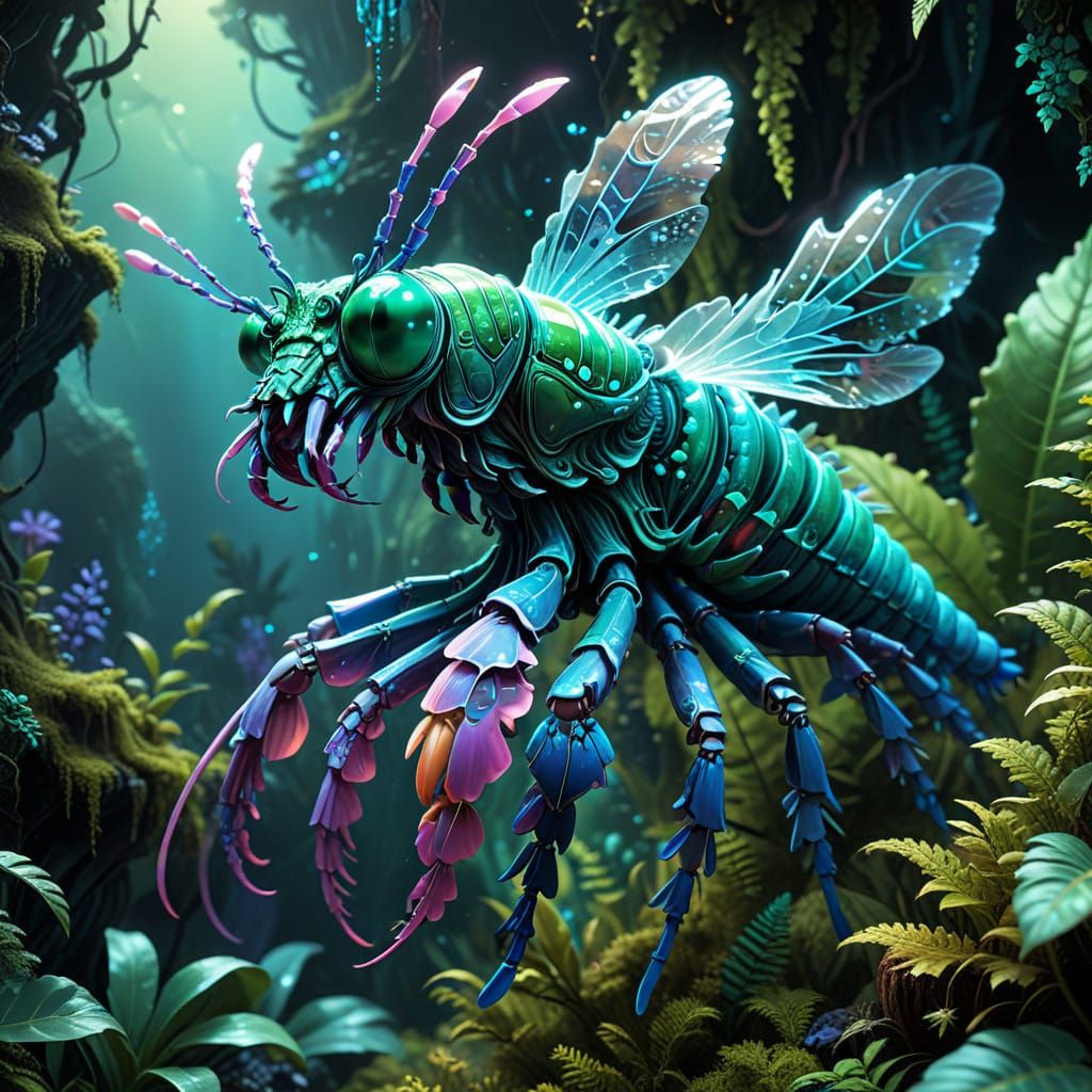 Alien Creature Emerges from Iridescent Exoplanet Forest