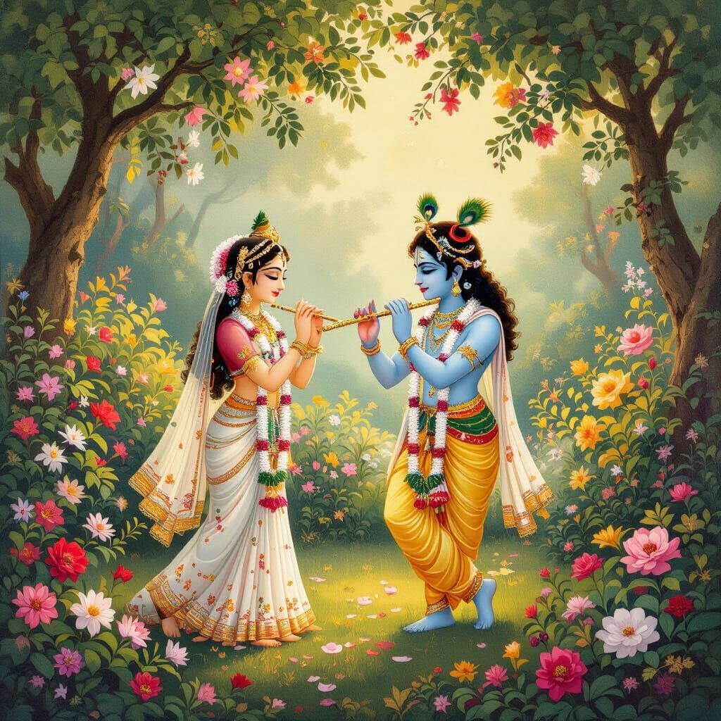 Radha Krishna in Lush Garden, Indian Miniature Style