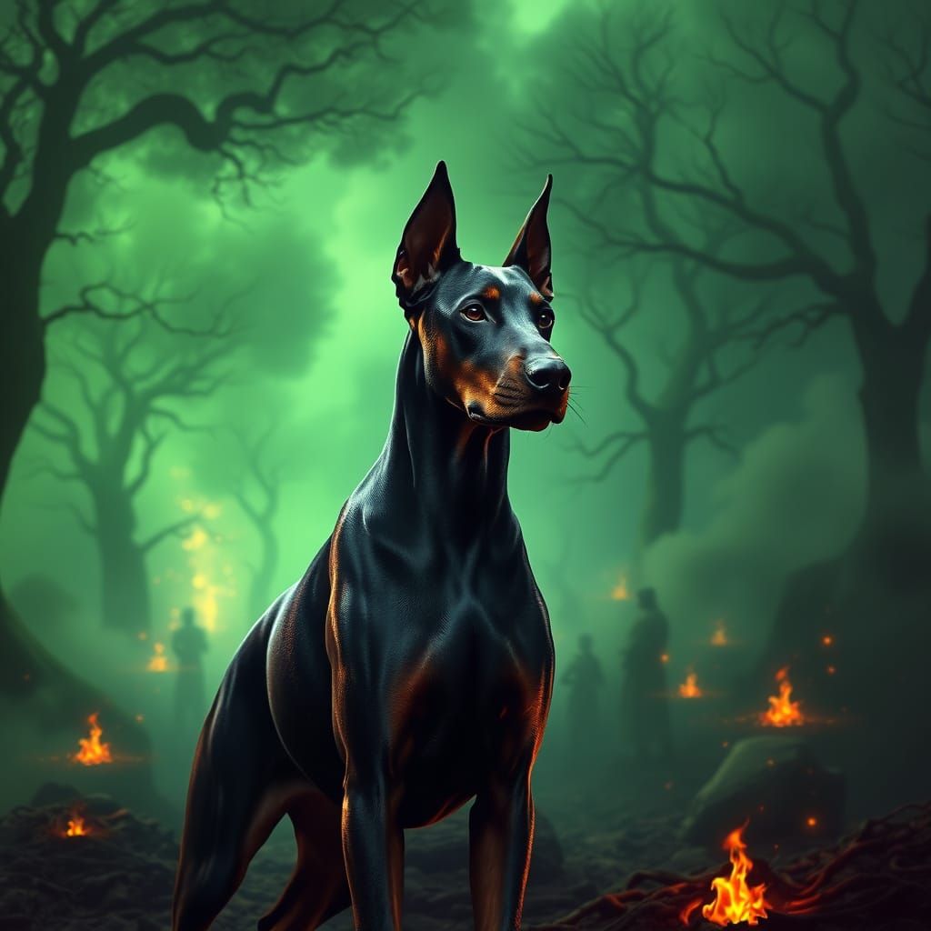 Doberman in Mystical Battlefield, Digital Painting