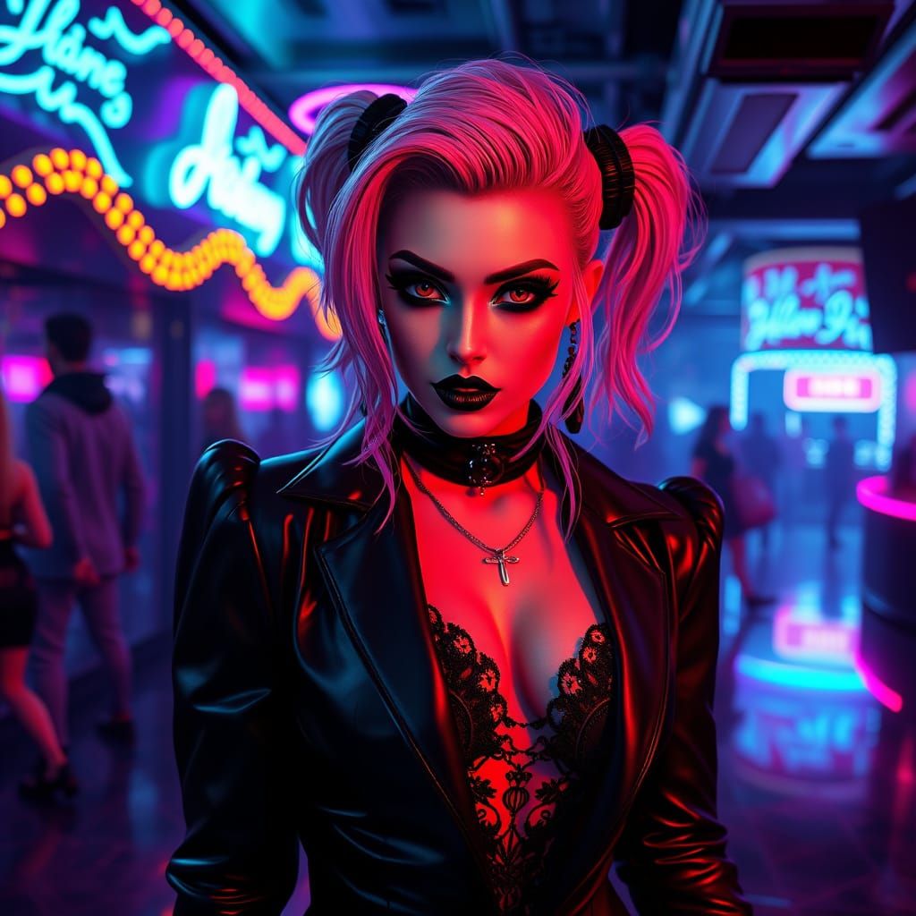 Goth Pin-Up Queen in Neon Nightclub