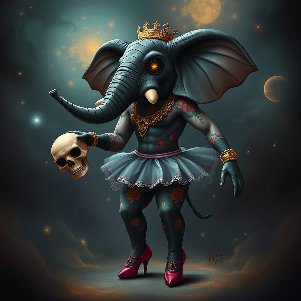 Ballerina Elephant with Skull in Cosmic Setting