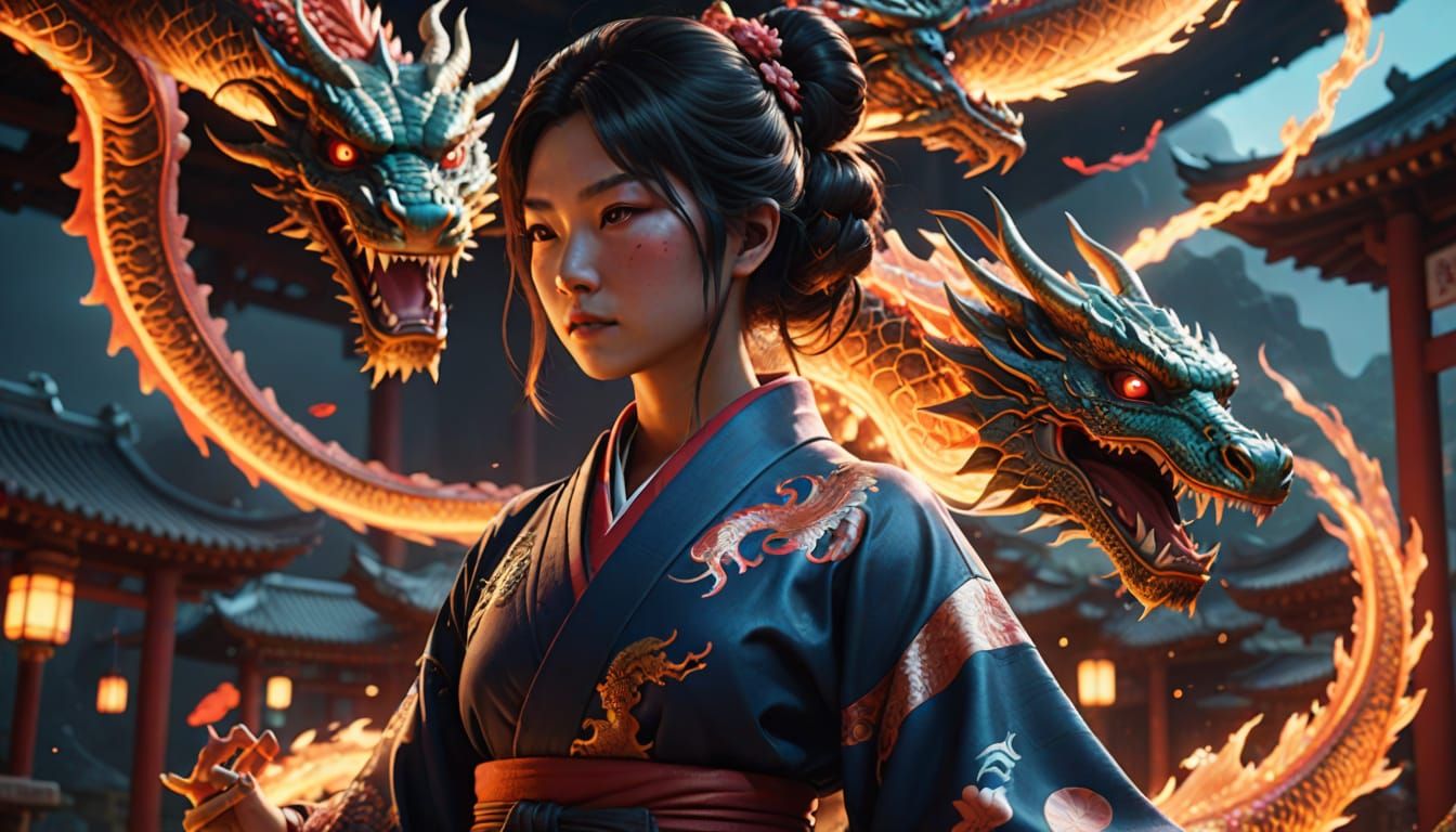 Woman and Dragon in Surreal Cinematic Portrait