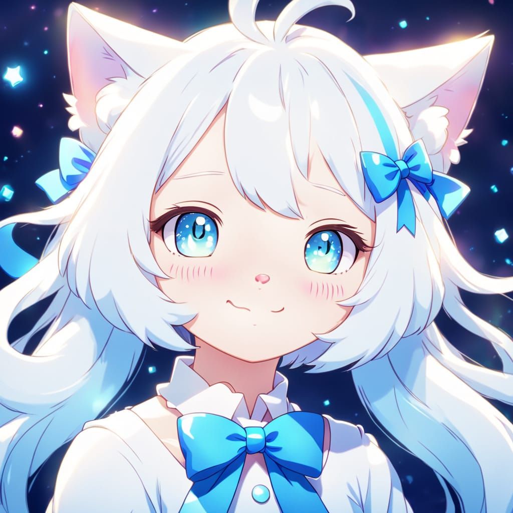 Kawaii Cat Girl with Blue Ribbon in Anime Style