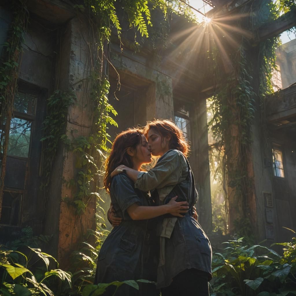 Dystopian Embrace: Sunlit Hope in Overgrown Ruins