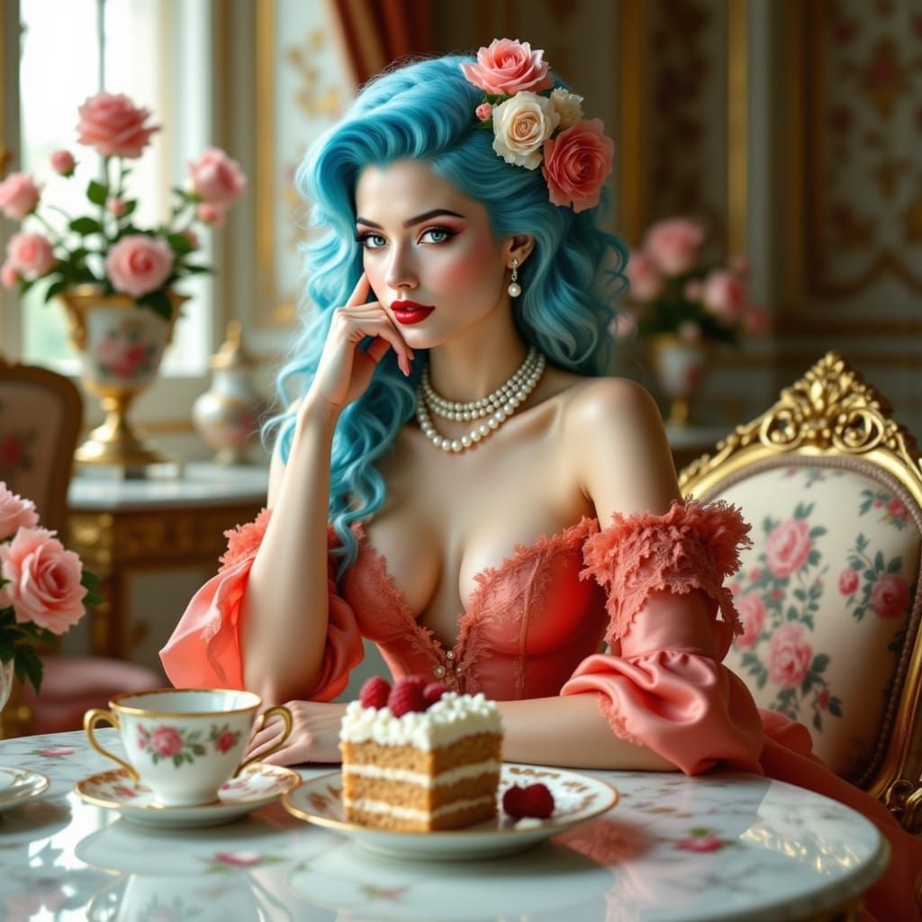 Rococo Goddess Indulges in Lavish Tea Time