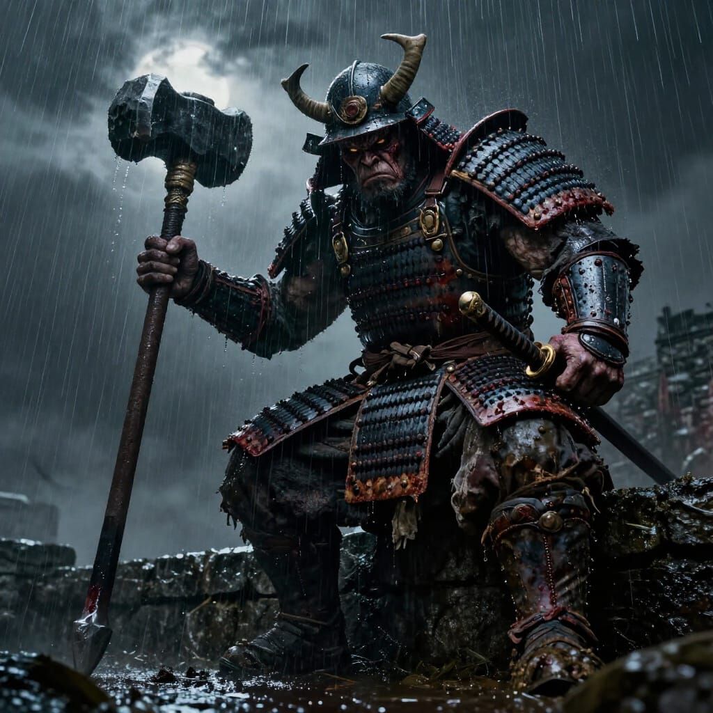 Ogre Samurai on Battlement in Heavy Rain