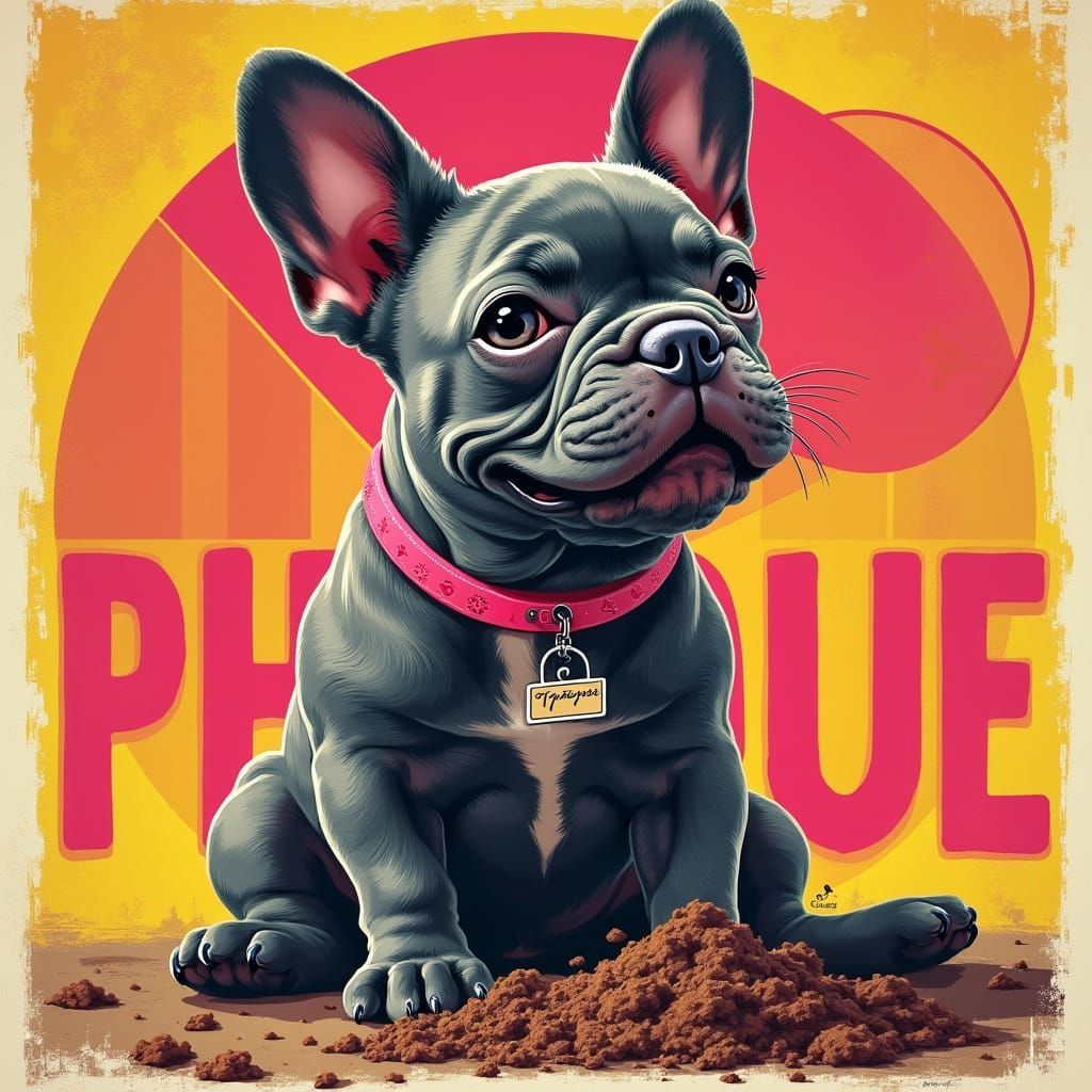Whimsical Grey French Bulldog Defies Poster in Pop Art Style