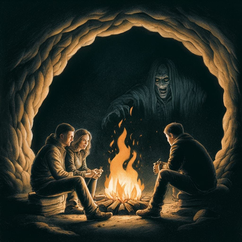 Eerie Campfire Scene with Lurking Figure