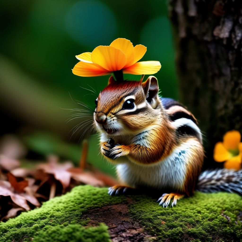 Chipmunk with Flower Hat in Bioluminescent Forest