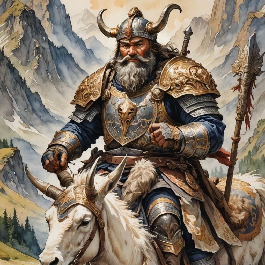 Dwarf Paladin on War Goat Watercolor Portrait
