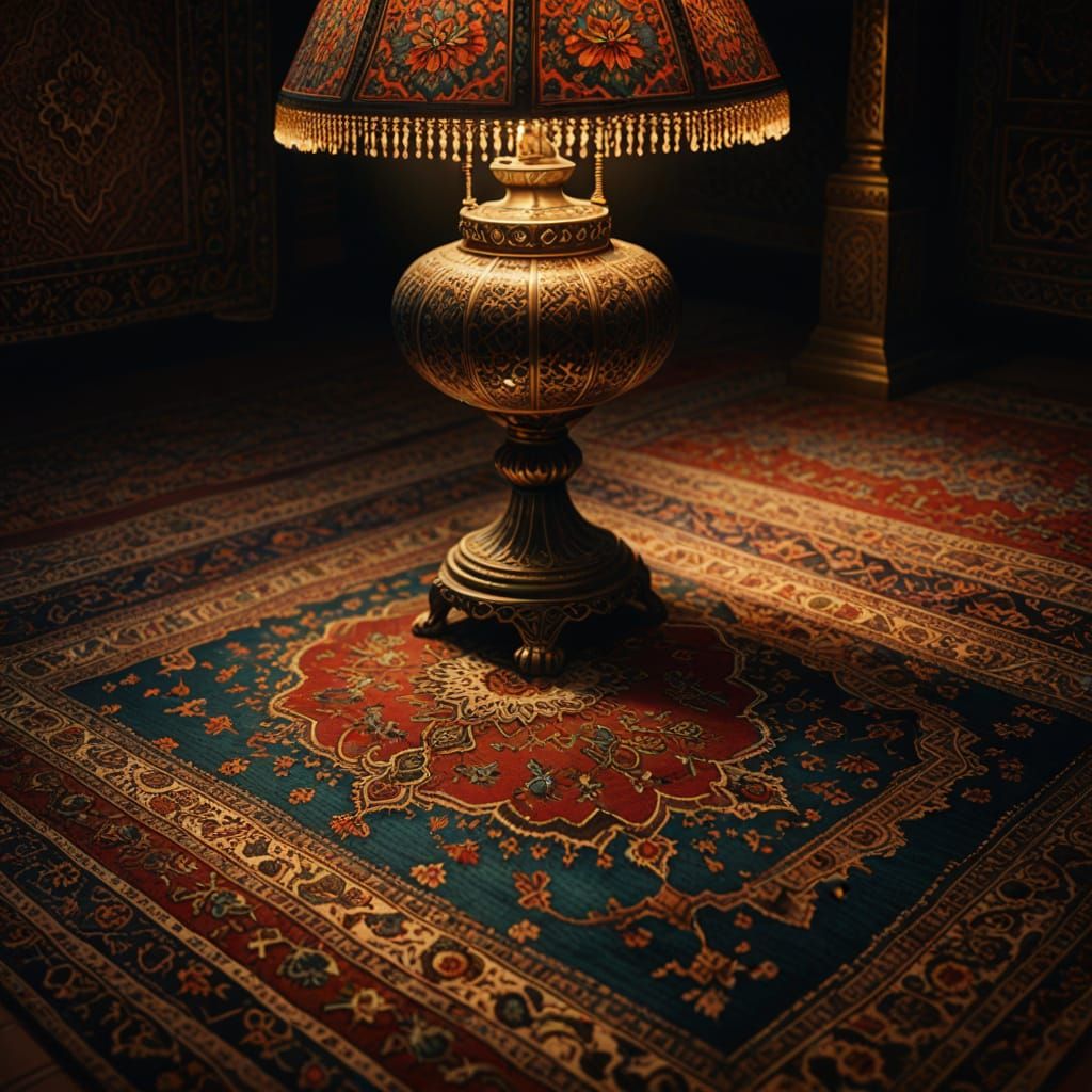 Detailed Persian Rug in Dimly Lit Room Oil Painting