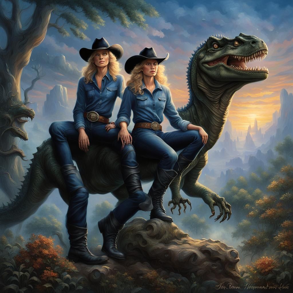Blonde Women on T-Rex Dinosaurs in Ethereal Fantasy