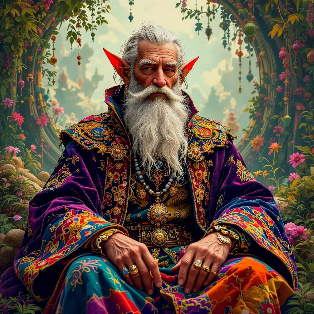 Elegant Elf Patriarch in Quilted Illustration