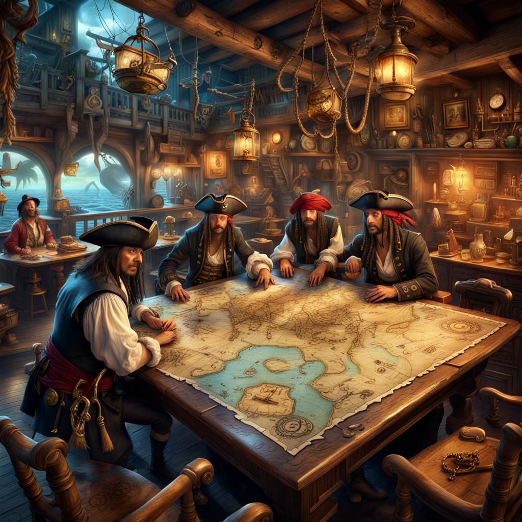 Pirates Discovering Treasure Map in Caribbean Tavern