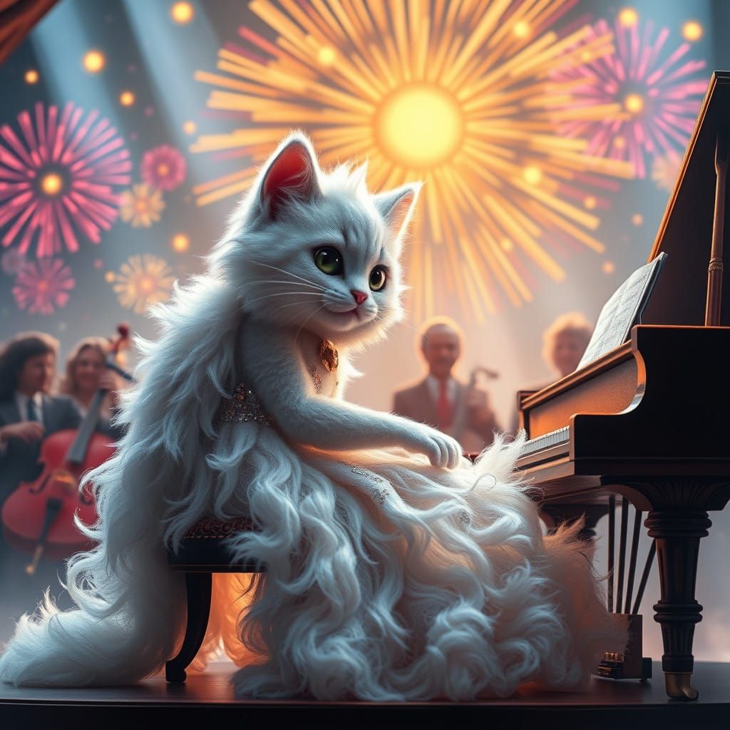 Ethereal Chibi Cat Boy at Piano Concert Amidst Whimsical Fir...