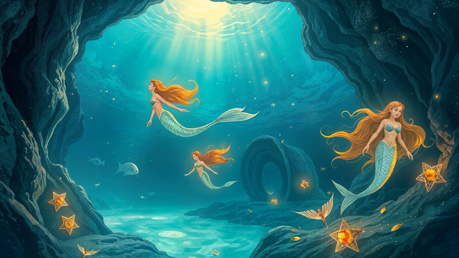 Glowing Underwater Realm with Mermaids and Treasures