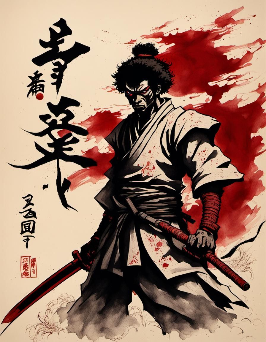 Minimalist Ink Art: Afro Samurai Warrior in Red