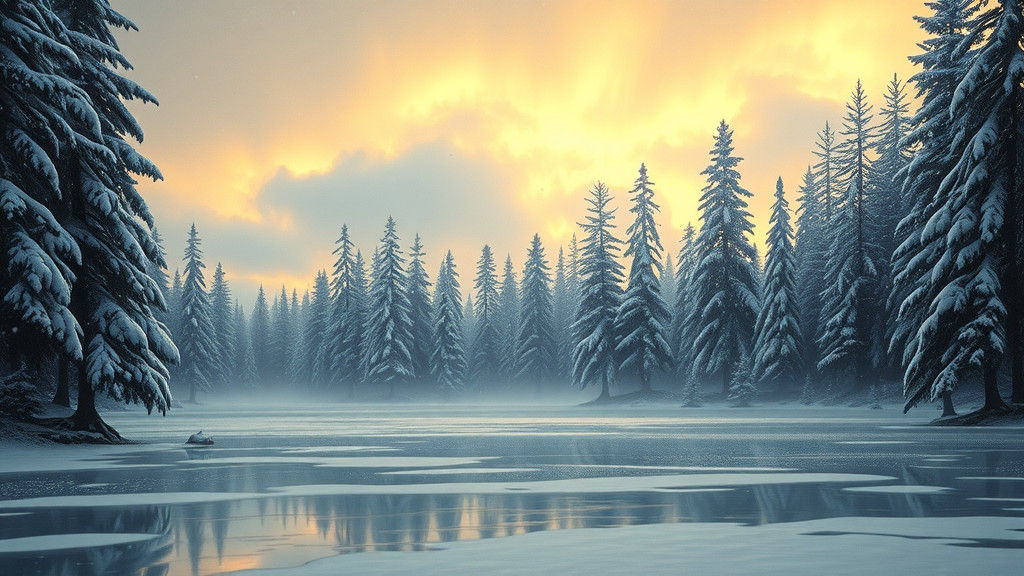 Surreal Winter Wonderland with Snowfall and Majestic Evergre...