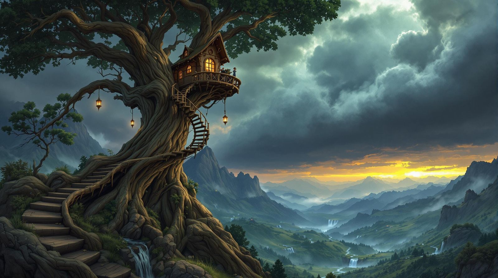 Elven Treehouse Perched on Ancient Skyscraper Tree