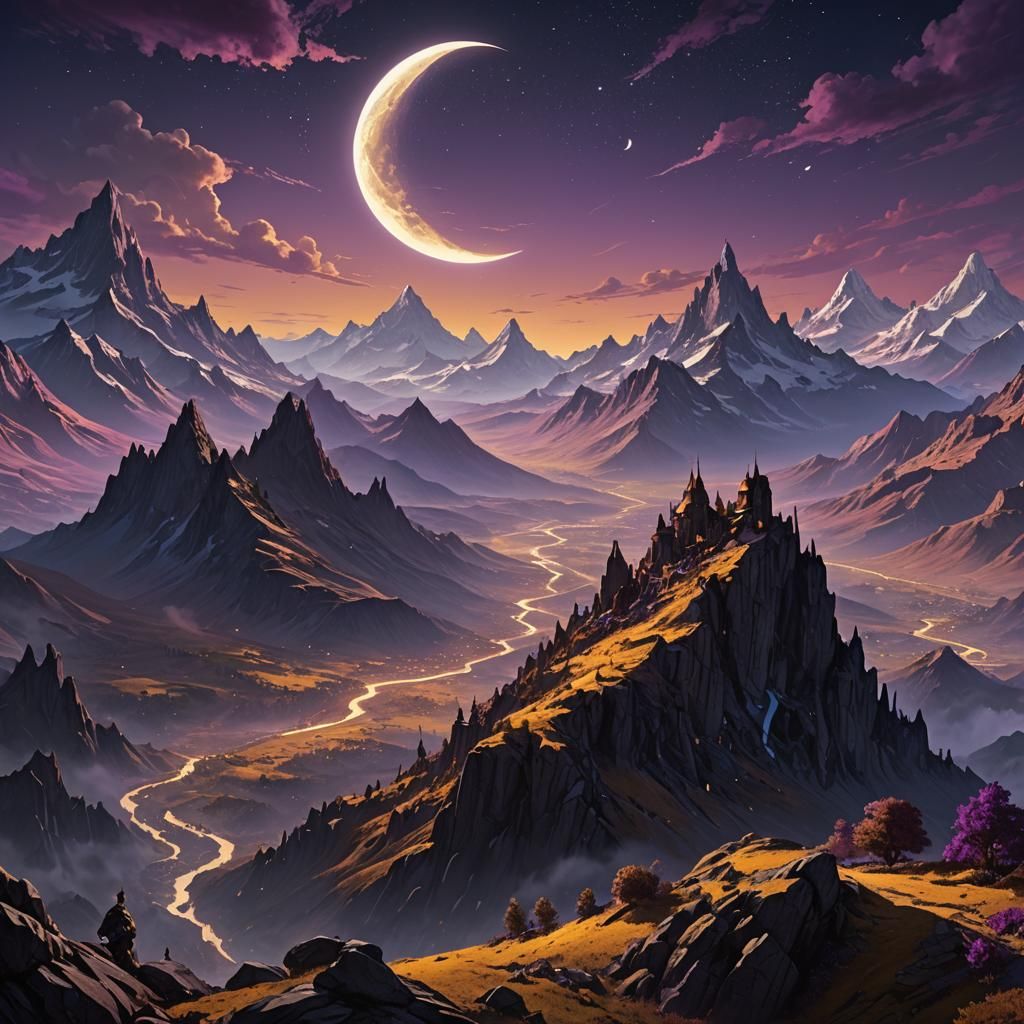 Crescent Moon Over Mountain, Fantasy Concept Art