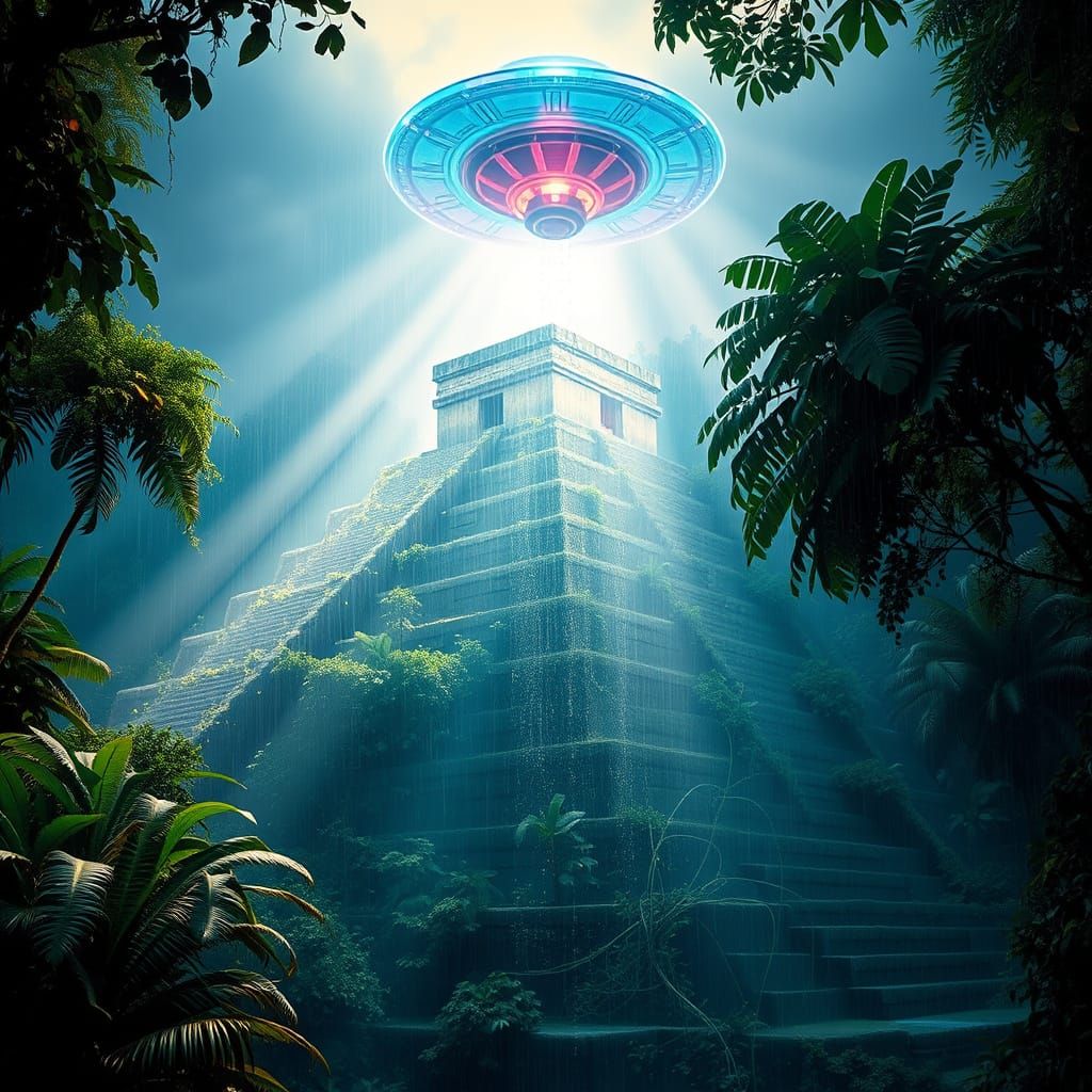 Lush Jungle Pyramid with UFO in Psychedelic Style