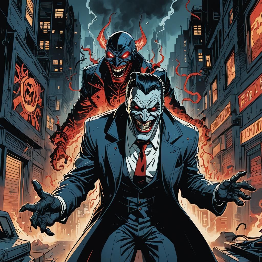 Supervillain Laughing in a Dark City: Comic Book Art