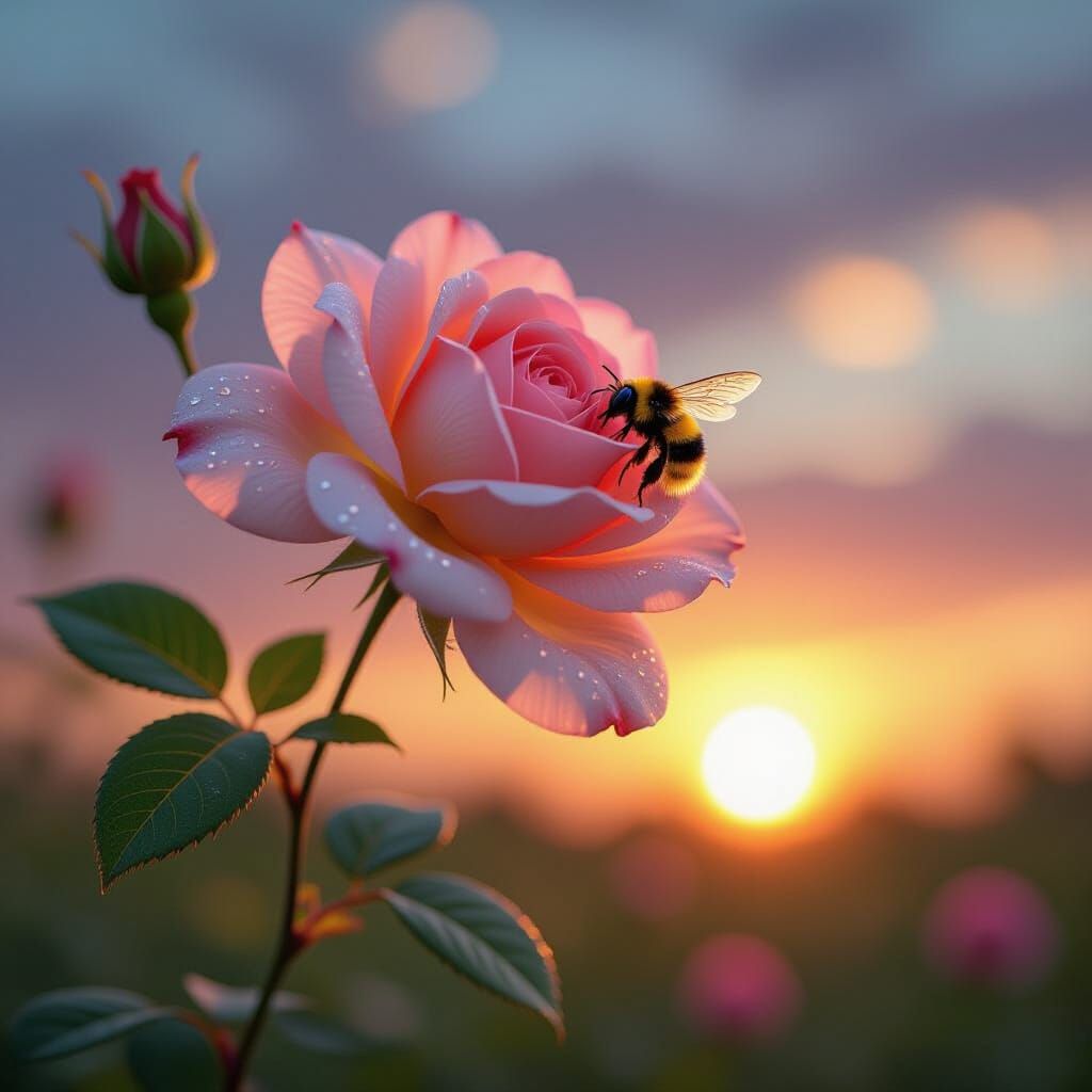 Rose Visited by Bee in Astral Sunrise