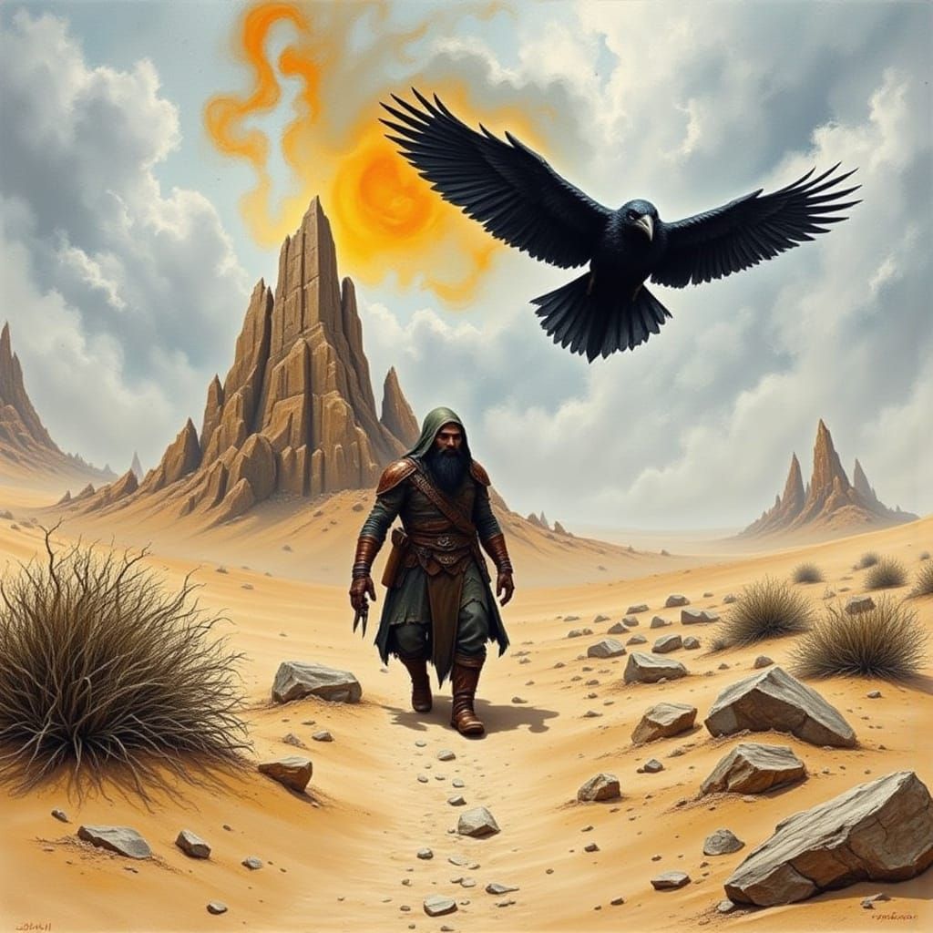 Dwarf Wanderer in Desert, Watercolor Fantasy Art