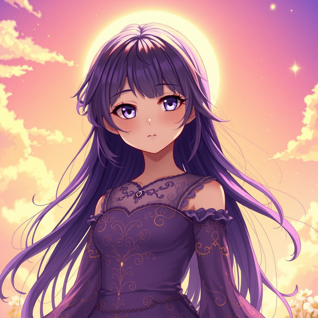 Anime Girl in Purple Dress with Ombre Sky