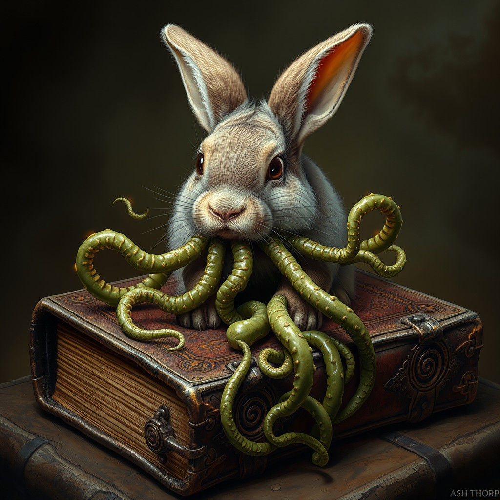 Cthulhu Rabbit on Ancient Tome in Surreal Horror Style