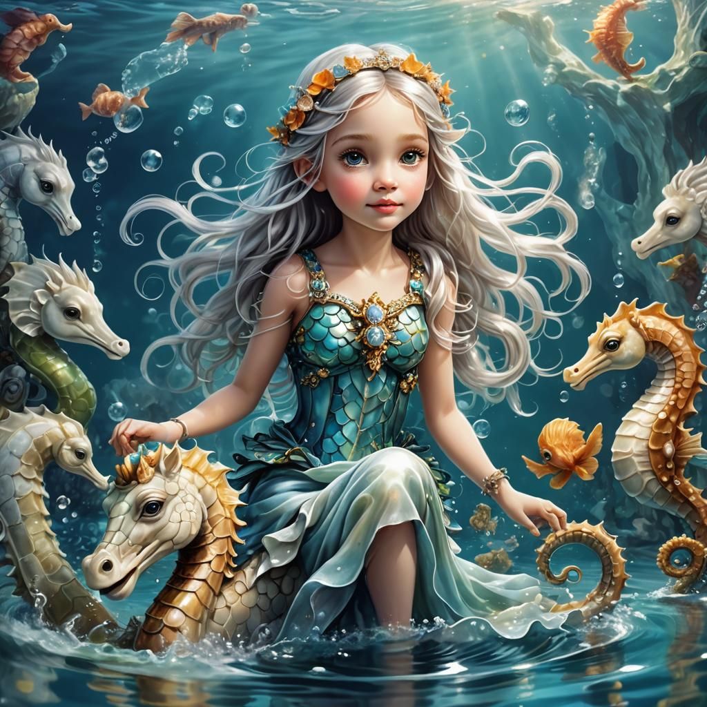 Fairy Riding Seahorse in Airbrush Style