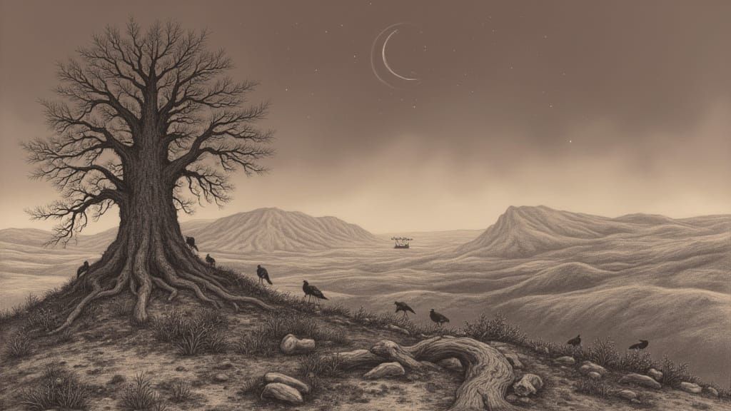 Surreal Norse Tree Etching on Antique Paper